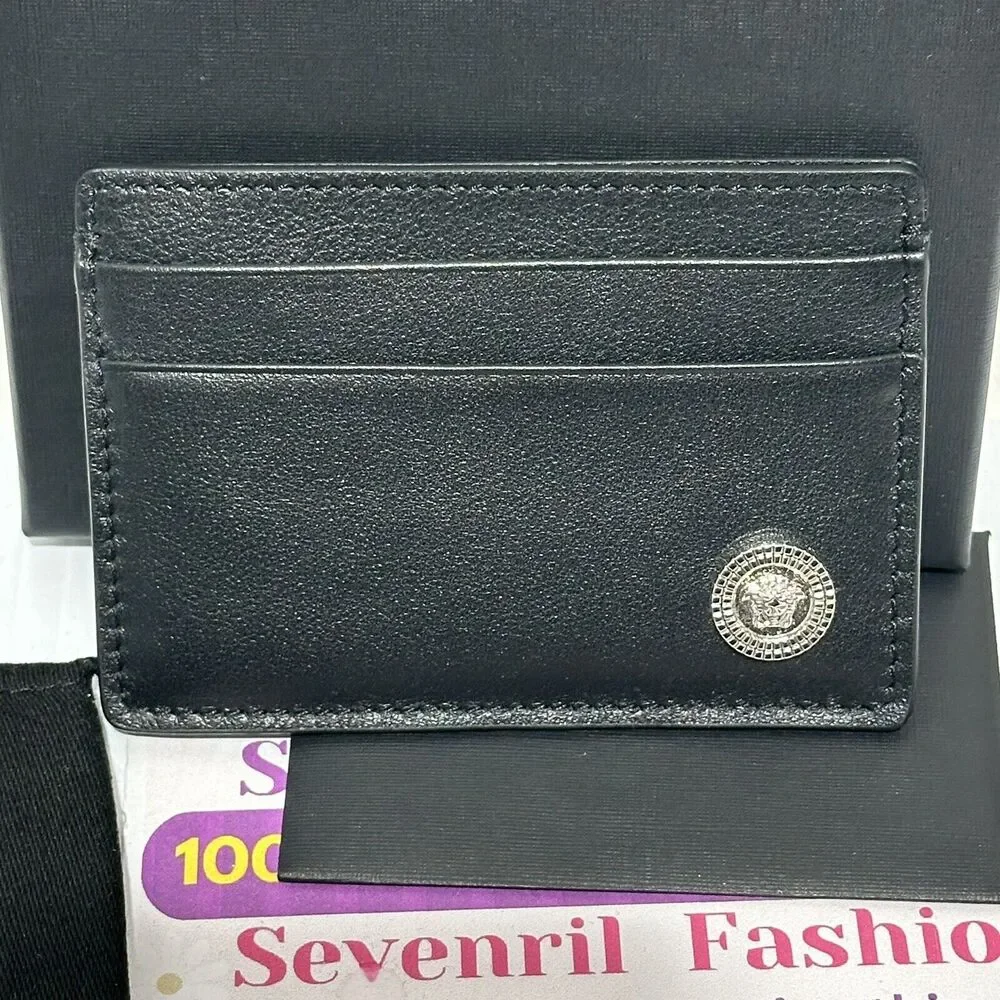 NIB Versace Medusa Silver Biggie Black Leather Credit Card Holder